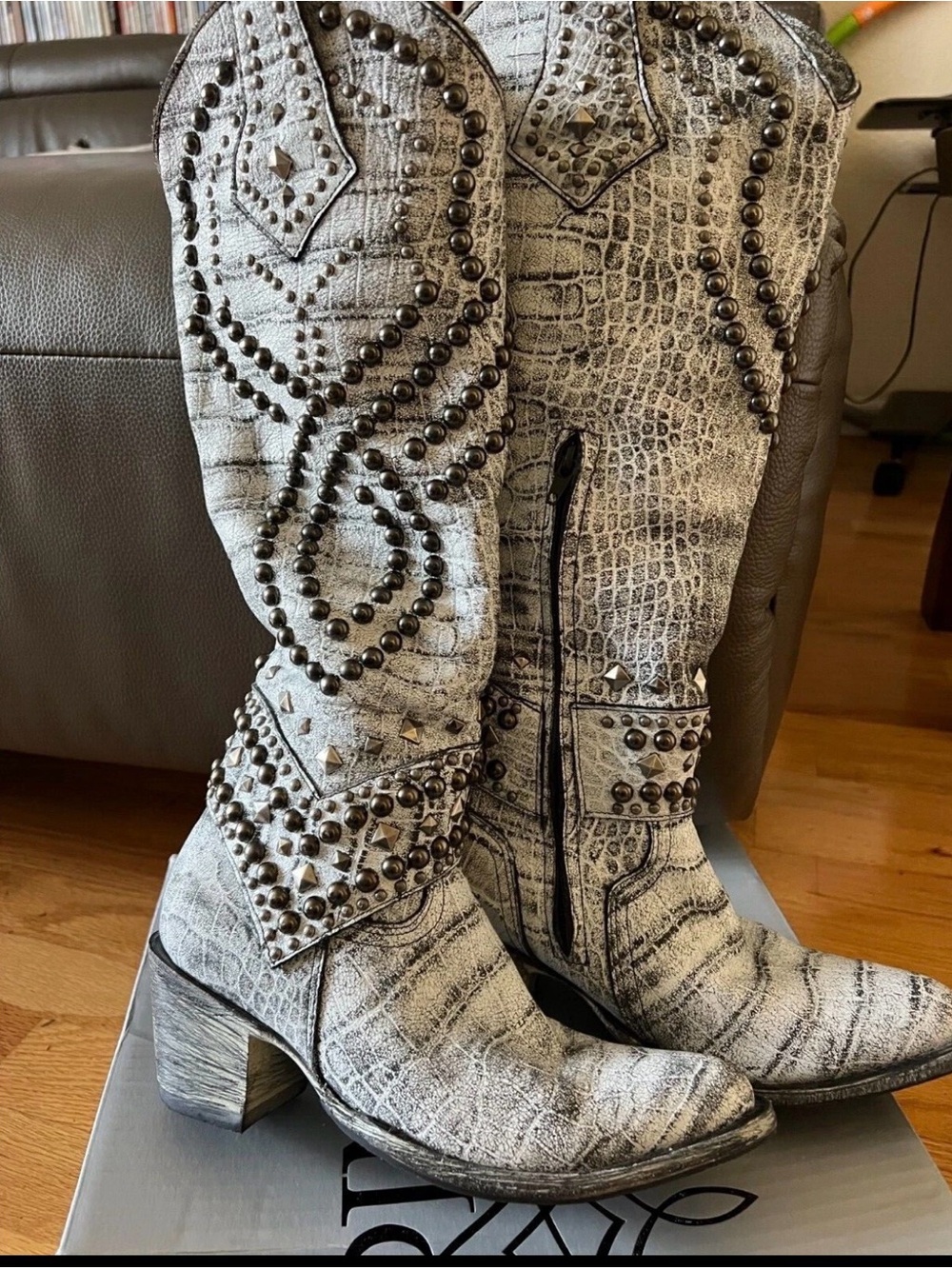 Old Gringo White Croc-Embossed Studded Knee Boots
